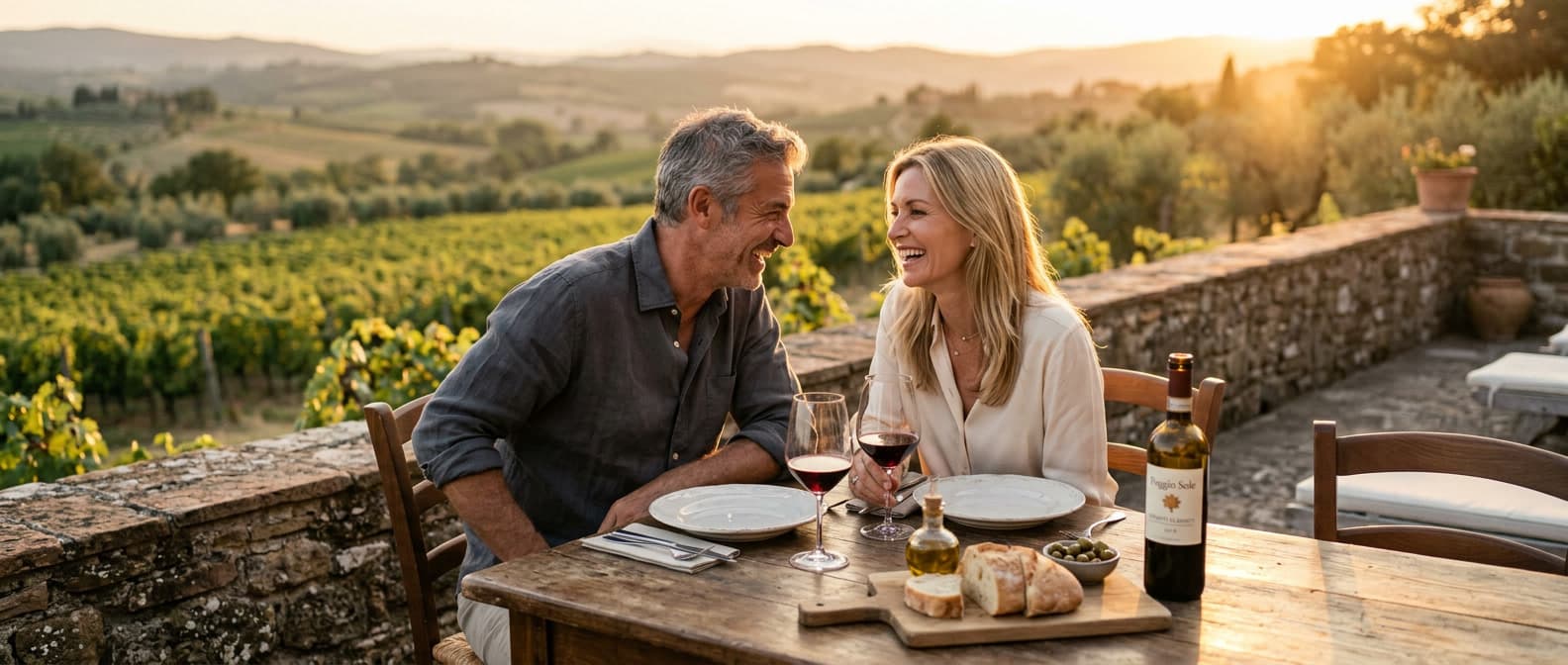Couple enjoying dinner on a vineyard terrace at sunset